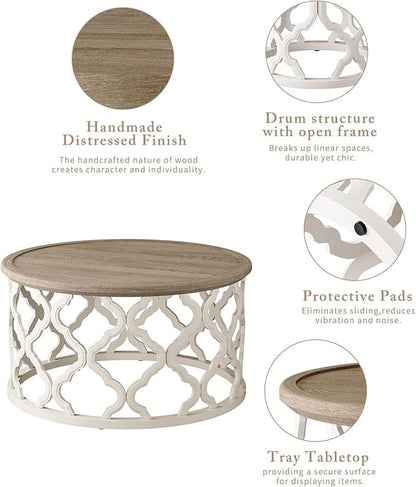 karlott Farmhouse Coffee Table, French Country Round Coffee Table with Distressed Tray Top, Coastal Coffee Table with Curved Motif Frame Base, Boho Coffee Table for Living Room, Dining Room, Bedroom
