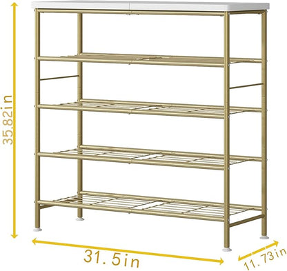 Shoe Rack Organizer 5 Tier for Closet Entryway Free Standing Metal Storage Shoe Shelf with MDF Top Board，Gold