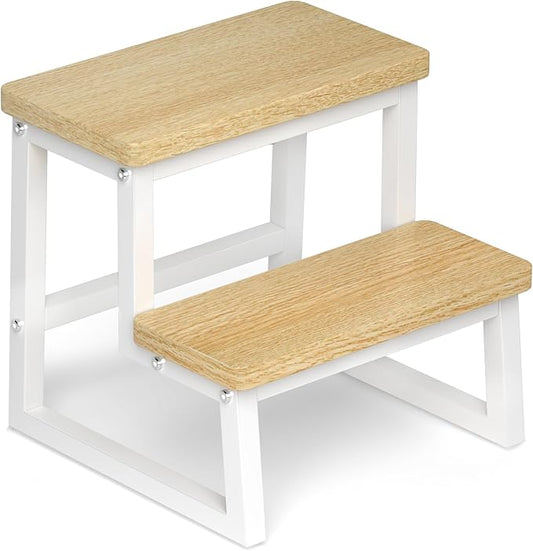 Step Stool for Adults & Kids,Holds up to 500Lbs,Heavy Duty Sturdy Steping Stool for Kichen/Bathroom/High beds, Wooden&Metal Frame, Non-Slip Rubber Pads