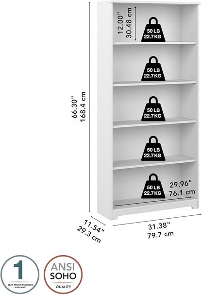 Bush Furniture Tall 5 Shelf Bookcase, Large Open Bookshelf, Sturdy Display Cabinet for Living Room or Home Office, Cabot Collection, White