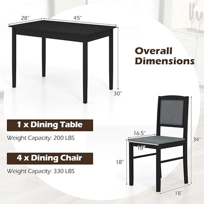 Giantex 5-Piece Dining Table Set for 4 - Breakfast Nook Table Set with Kitchen Table, 4 Upholstered Chairs, Wood Legs, Space-Saving Dinette Set, Kitchen Table Chairs Set of 4 (Black+Grey)