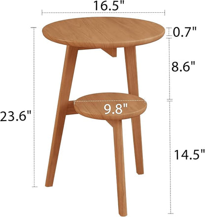 Small End Table Round End Table,Solid Wood Round Side Table with Lower Shelf，Nightstand for Small Spaces,Living Room,Bedroom(Cherry Color)