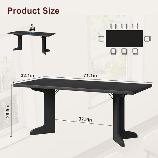 71" Large Dining Table for 6, Farmhouse Kitchen Table with Padded Top and Unique V-Shaped Feet, Rectangular Wooden Dining Table for 8 People for Home, Dining Room, Kitchen, Office, Black