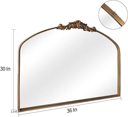 Gold Wall Mirror, Large Arched Vintage Baroque Ornate Mirrors, Traditional Decorative Antique Brass Mirror for Entryway Table, Living Room, Bedroom, Bathroom Vanity, Fireplace (30” x 36”)
