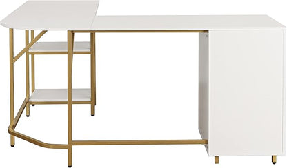 Techni Mobili L Shaped Desk - Two-Toned Computer Desk with Drawers & Storage Shelves - Simple Modern Furniture & Home Office Space Corner Table for Work & Writing