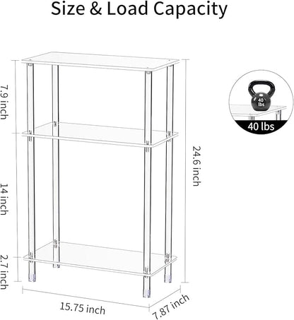 Clear Acrylic Narrow Side Table Set of 2 for Small Spaces, 15.75" L x 7.87" W x 24.6" H, 3 Tier Rectangle Slim End Table Nightstand, Small Bedside Table for Bedroom, Bathroom, Living Room