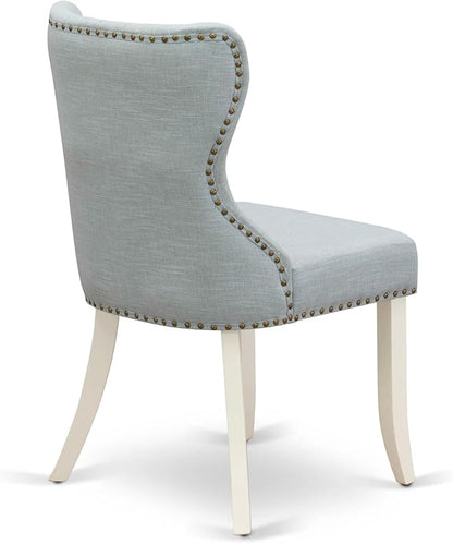 East West Furniture AMSI3-LWH-15 3 Piece Dining Table Set for Small Spaces Contains a Round Kitchen Table with Pedestal and 2 Baby Blue Linen Fabric Parsons Chairs, 36x36 Inch, Linen White