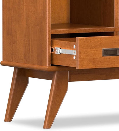 SIMPLIHOME Draper Bookcase - 58 inch Tall 9-Cube Solid Hardwood Cube Organizer with Drawers in Teak Brown, Mid-Century Storage for Living Room, Entryway or Bedroom with Cubbies and Angled Legs