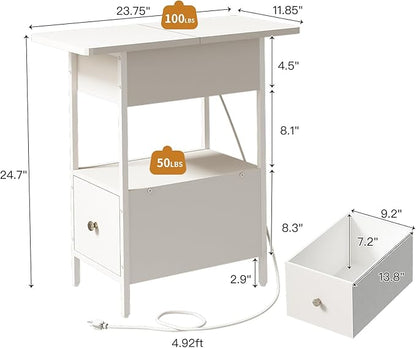 SOOWERY End Table with Charging Station, Narrow Side Table with Flip Top Cabinet and Fabric Drawer, Nightstand Bedside Tables for Small Spaces, Bedroom, Living Room, White