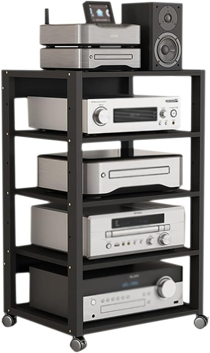 5 Tier Audio Rack Tower, CD Record Player Stereo Receiver AV Equipment Cabinet Display Rack, Weight Capacity 220 lbs, with Adjustable Wooden Shelves for Home (Black-2, 5tier)