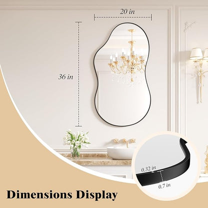 WEER Irregular Wall Mirror, 20x36 inch Black Asymmetrical Mirror Wall Mounted Mirrors Decorative, Abstract Wavy Aluminum Alloy Frame Mirror for Bathroom, Bedroom, Living Room, Entryway