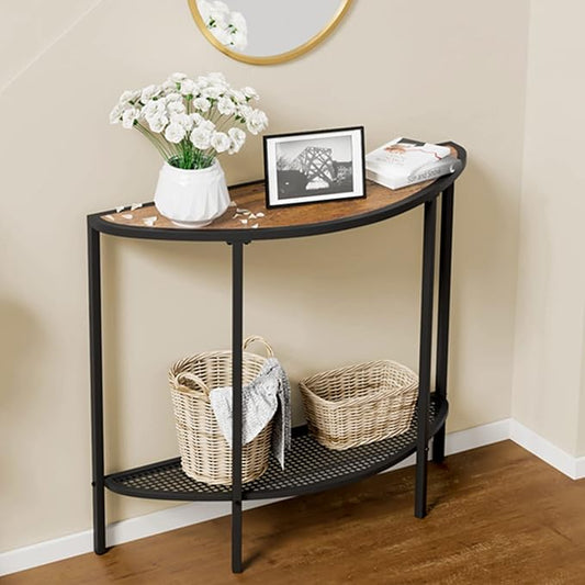 SAYGOER Entryway Table 2 Tier Small Console Table with Storage Half Moon Sofa Couch Table Mid Century Modern Narrow Entry Way Tables, 36.22" D x 11.8" W x 31.5" H, Easy Assembly, Dark Walnut