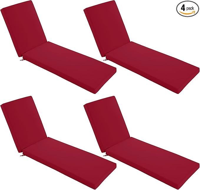 Chaise Lounge Cushions Outdoor Set of 4 - Waterproof and Fade Resistant Sun Lounger Replacement Cushions - Patio Lounger Pads with Removable Cover for Pool, Deck, Lawn, 80 x 26 x 3 Inch, Red