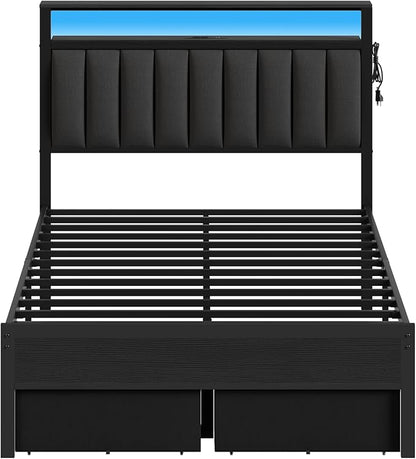 Furnulem Full Size Bed Frame with Charging Station and LED Lights, Grey Upholstered Headboard with Shelves, Metal Platform Bed with 2 Under-Bed Storage (Fabric Drawer on Wheels), No Box Spring Needed