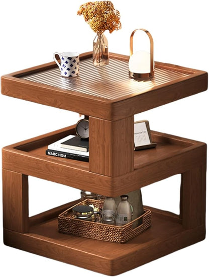 Solid Wood Nightstand,End Tables Bedroom Small Shelf Modern Nightstand Wood Side Table (GLASS-21.3 * 17.7 * 17.7)