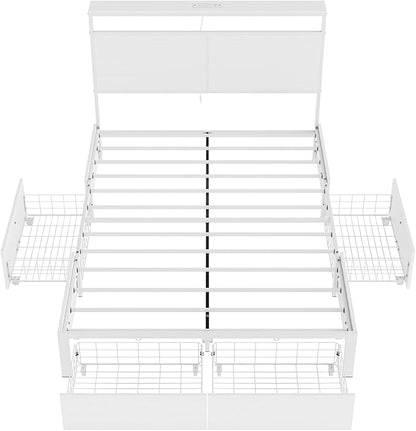 Full Bed Frame with 4 Storage Drawers Bed Frame Full Size with Headboard LED Lights Charging Station Metal Slats Platform Heavy-Duty Support No Box Spring Needed White