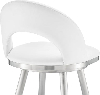 Armen Living Charlotte Swivel Bar Stool in Brushed Stainless Steel with White Faux Leather