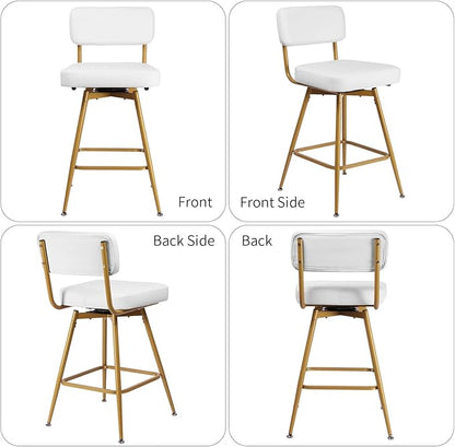 Swivel Counter Height Bar Stools Set of 2, Faux Leather Bar Stools with Back, Metal Legs and Footrest, 26" Seat Height Barstools for Kitchen Islands and Home Bars, Easy Assembly, White&Gold