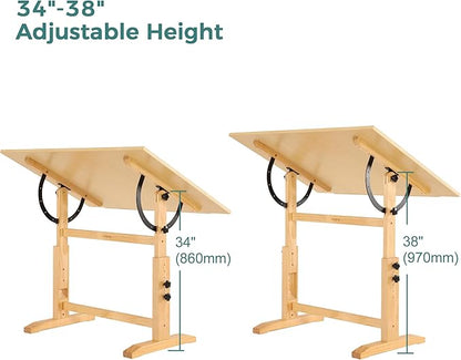 VISWIN Wood Drafting Table for Adults, 30" X 42" Extra-Large Drawing Table with Adjustable Height & Angle for Art Studio, Solid Pine Wood Artist Desk for Drawing, Drafting, Writing, Reading