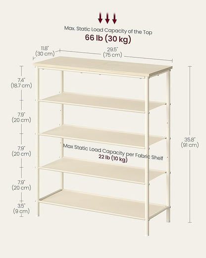 VASAGLE Shoe Rack, 5-Tier Shoe Storage Organizer for Entryway and Closet, Holds 12-16 Pairs of Shoes, 4 Fabric Shelves, Steel Frame, Modern, Natural Beige and Pearl White ULBS036K01