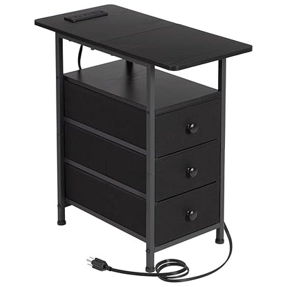 AMHANCIBLE End Tables Living Room with Charging Station, Narrow Side Table with USB Ports and Outlets, Slim Nightstand with 3 Fabric Drawers for Bedroom, Small Space, Black, HETN013BK-1