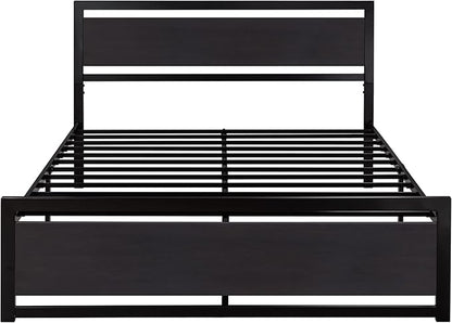 SHA CERLIN Queen Size Bed Frame with Modern Headboard, Heavy Duty Platform Metal Base with Square Footboard and 13 Strong Slats Support, No Box Spring Needed, Black