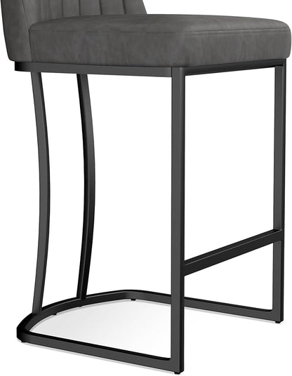 Bar Stools Set of 2, Faux Leather Counter Height Barstools, Upholstered Kitchen Counter Stools with Back and Stitching, 25.6" H Kitchen Island Stools Bar Chair, Metal Framed, Black Grey