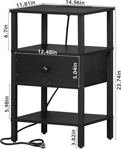 Lerliuo Nightstand with Charging Station and USB Ports, 3-Tier Storage End Table with Drawer Shelf, Night Stand for Small Spaces, Wood Bed Side Table for Living Room, Bedroom - Classic Black