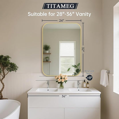 24x32 Inch Bathroom Mirror for Wall, Gold Framed Rectangle with Rounded Corner, Aluminum Alloy Brushed for Bedroom or Living Room, Vertical or Horizontal