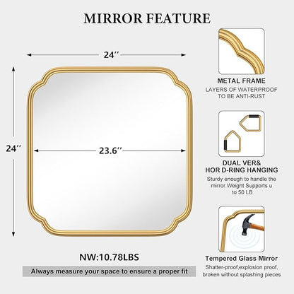 Gold Bathroom Mirror for Wall 24" x 24" Modern Rounded Corner Square Mirror with Non-Rusting Iron Metal Framed Bathroom Vanity Mirror for Over Sink Wall Decor Horizontal/Vertical