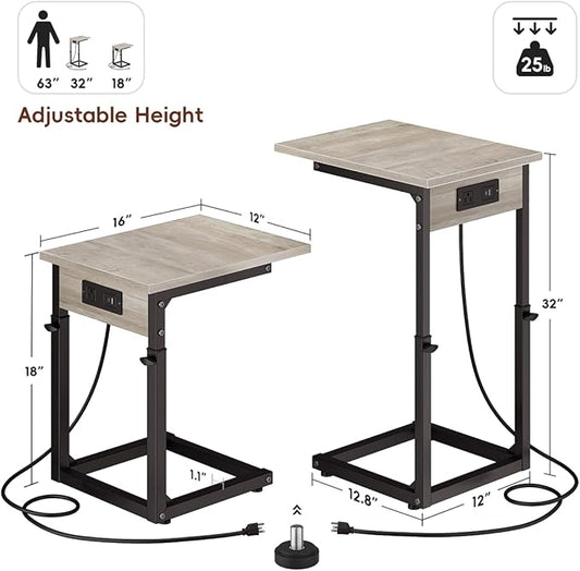 Vagusicc C Shaped End Table with Charging Station, 33" Tall Side Table for Couch, C Table Adjustable Height Small Couch Side Table, Slide Under Sofa Table TV Tray Table for Living Room, Bedroom, Grey