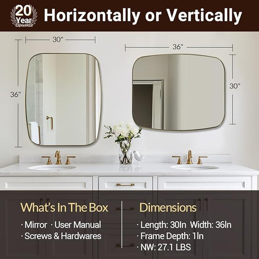 ANDY STAR 30x36” Gold Bathroom Mirror, Oblong Brass Mirror with Stainless Steel Metal Frame, Brushed Gold Oval Vanity Mirror for Over Sink, Modern Anti Rust Wall Mounted