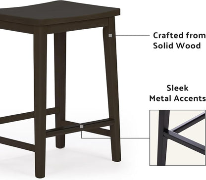 Plank+Beam Smythe Counter Stool, 24", Set of 2, Sturdy Wood Modern Kitchen Counter Height Stool, Saddle Seat Backless Counter Chair, Metal Footrest, Black