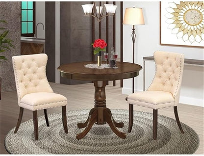 East West Furniture ANDA3-AWA-32 3 Piece Modern Dining Table Set Consists of a Round Kitchen Table with Pedestal and 2 Polyester Fabric Padded Chairs, 36x36 Inch, Antique Walnut