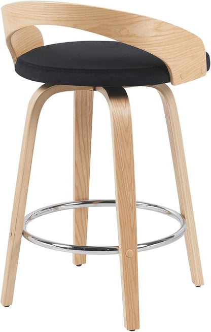 Sonia Modern Swivel Counter Height Bar Stool with Black Upholstered Seat and Patterned Oak Wood Finish Set of 4