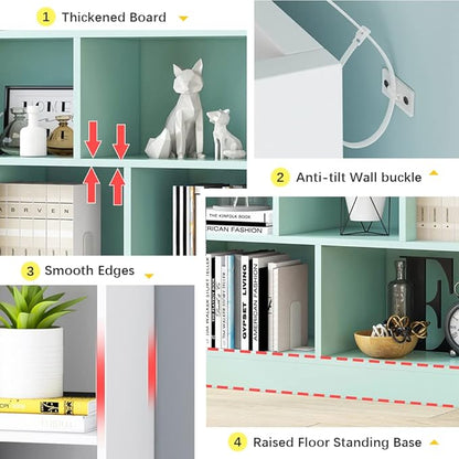 IOTXY Open Shelf Low Bookcase - Wooden 3-Tier Floor Standing Display Cabinet Organizer with Base, 8 Cubes Short Horizontal Bookshelf in Bright Blue