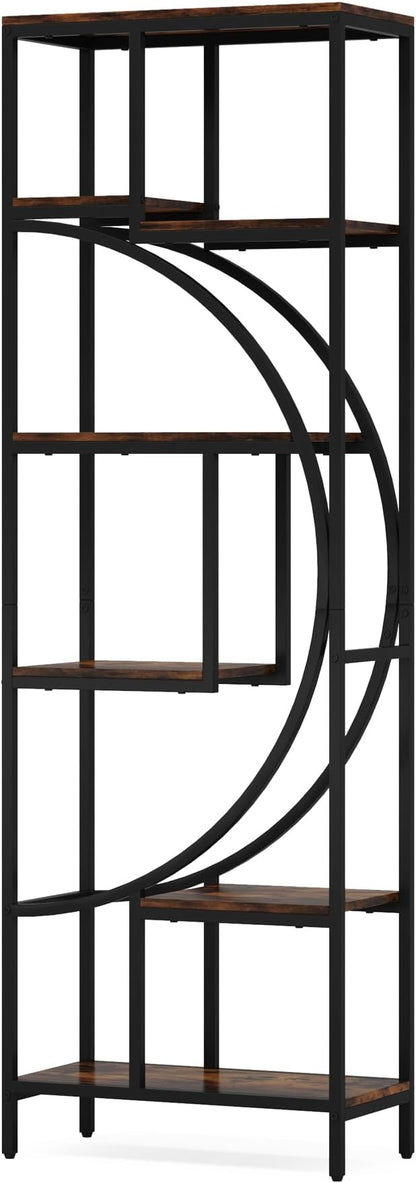 Geometric Bookshelf, 70.9" Tall Bookcase with 7-Shelf Open Shelves, Wood Metal Book Shelf Display Rack Storage Shelving Unit for Office, Bedroom, Living Room, Easy Assembly, Rustic Brown