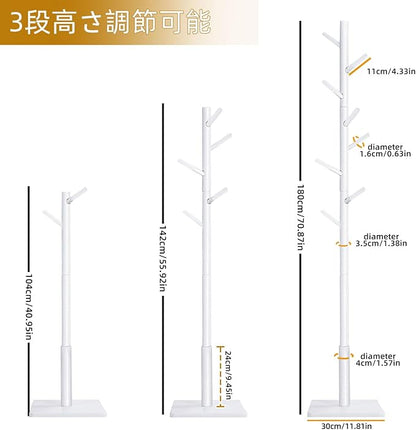 Yawinhe Coat Rack, Sturdy Woode Stand Tree with 8 Hooks, 3 Adjustable Height for Bedroom, Hallway, Entrance, Office, 11.8 x 70.8 inches, White, 1-Pack, Square Base
