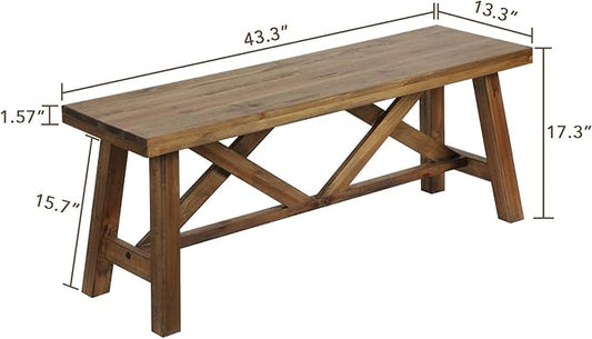 Wnutrees 43" Farmhouse Wood Bench, Rustic Solid Wood Entryway Bench Seat with Double X-Structure for Dining Room, Living Room, Hallway, Structural Stability, Natural