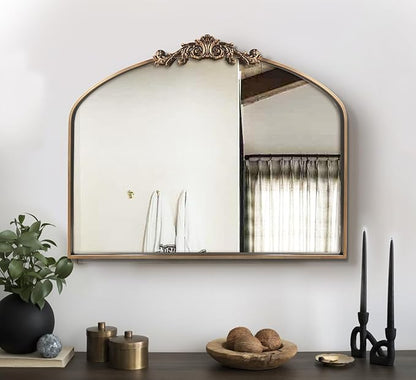 WAMIRRO Antique Mirror,Gold Traditional Vintage Ornate Baroque Arched Brass Wall Mounted Mirrors for Entryway/Fireplace/Living Room/Hallway/Bathroom 36"X30"