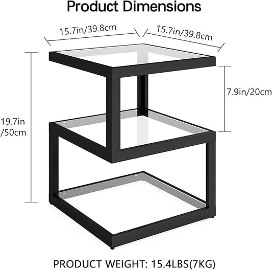 3-Tier Glass Table with LED Strip, Unique S-Shaped Design SideTable, Moderen Black Deco Table for Living Room and Bedside Room