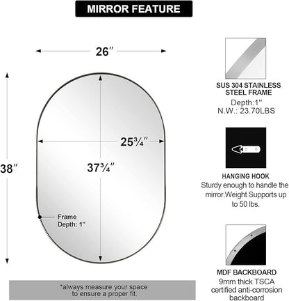 ANDY STAR Chrome Bathroom Mirror, 26x38’’ Oval Mirrors for Bathroom, Pill Shaped Mirror Chrome Metal Framed, SUS304 Anti-Rust, 1’’ Deep Wall-Mounted Vertically/Horizontally