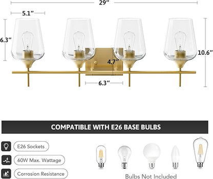 VONLUCE Bathroom Vanity Light, 4 Light Bathroom Light Fixture Over Mirror, Bathroom Wall Lamp with Clear Glass, Modern Gold Vanity Lighting fixtures for Bathroom, Bedroom, Hallway