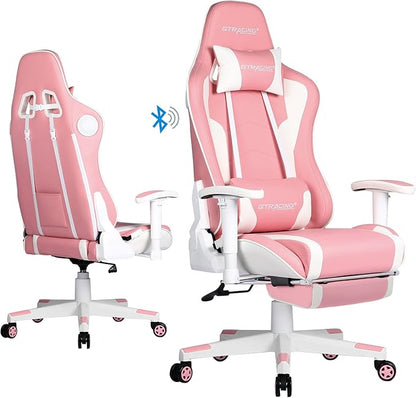 GTRACING Gaming Chair with Footrest Speakers Video Game Chair Bluetooth Music Heavy Duty Ergonomic Computer Office Desk Chair (Pink)