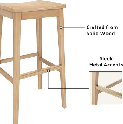 Plank+Beam Smythe Bar Stool, 30", Set of 2, Sturdy Wood Modern Kitchen Bar Height Stool, Saddle Seat Backless Counter Chair, Metal Footrest, Blonde