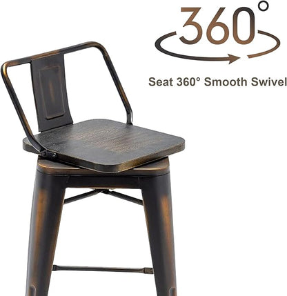 30 Inch Swivel Bar Stools Set of 4 with Backs Counter Height Industrial Metal Barstools Island Bar Chairs for Home Kitchen Dining Room (Swivel 30 inch, Distressed Gold Wooden)