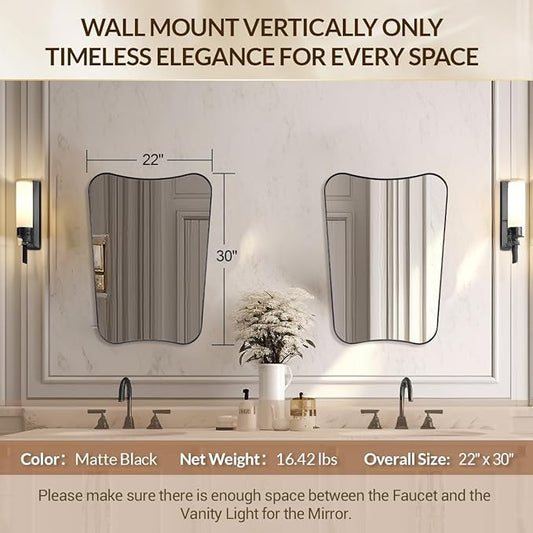 Black Bathroom Mirror, Black Vanity Mirror, 22x30 Irregular Shaped Mirror for Wall, Anti-Rust Metal Framed Wavy Mirror