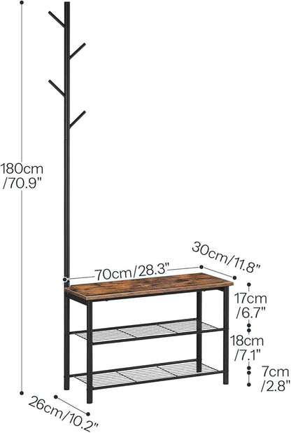 HOOBRO Coat Rack Shoe Bench, 3-Tier Shoe Rack, Industrial Shoe Organizer Storage Bench, Entry Bench with Mesh Shelves, for Entryway, Living Room, Hallway, Easy Assembly, Rustic Brown BF12HX01