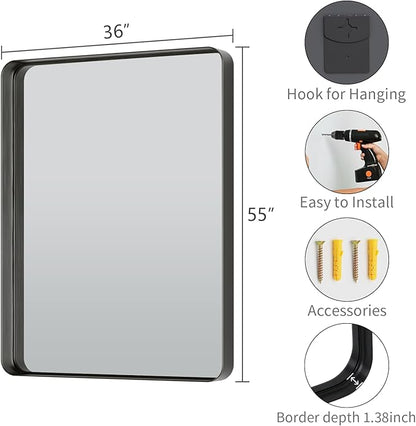 Koonmi Black Wall Mirror for Bathroom, 36x55 Inch Matte Deep Framed Rounded Rectangle Vanity Mirror for Farmhouse Living Room, Tempered Glass, Anti-Rust, Vertically or Horizontally