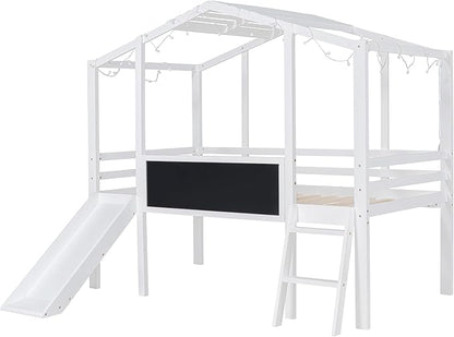 Ball & Cast Twin Size House Loft Bed with Ladder and Slide,Wood Bunkbed w/Blackboard and Light Strip on The Roof,Slat Support,Space Saving,Bedroom Furniture for Student Dorms,White